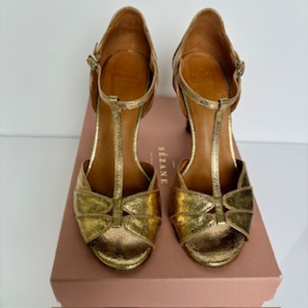 SEZANE High Suzanne Heels Crackled Gold Leather FR 39 RUN BIG!